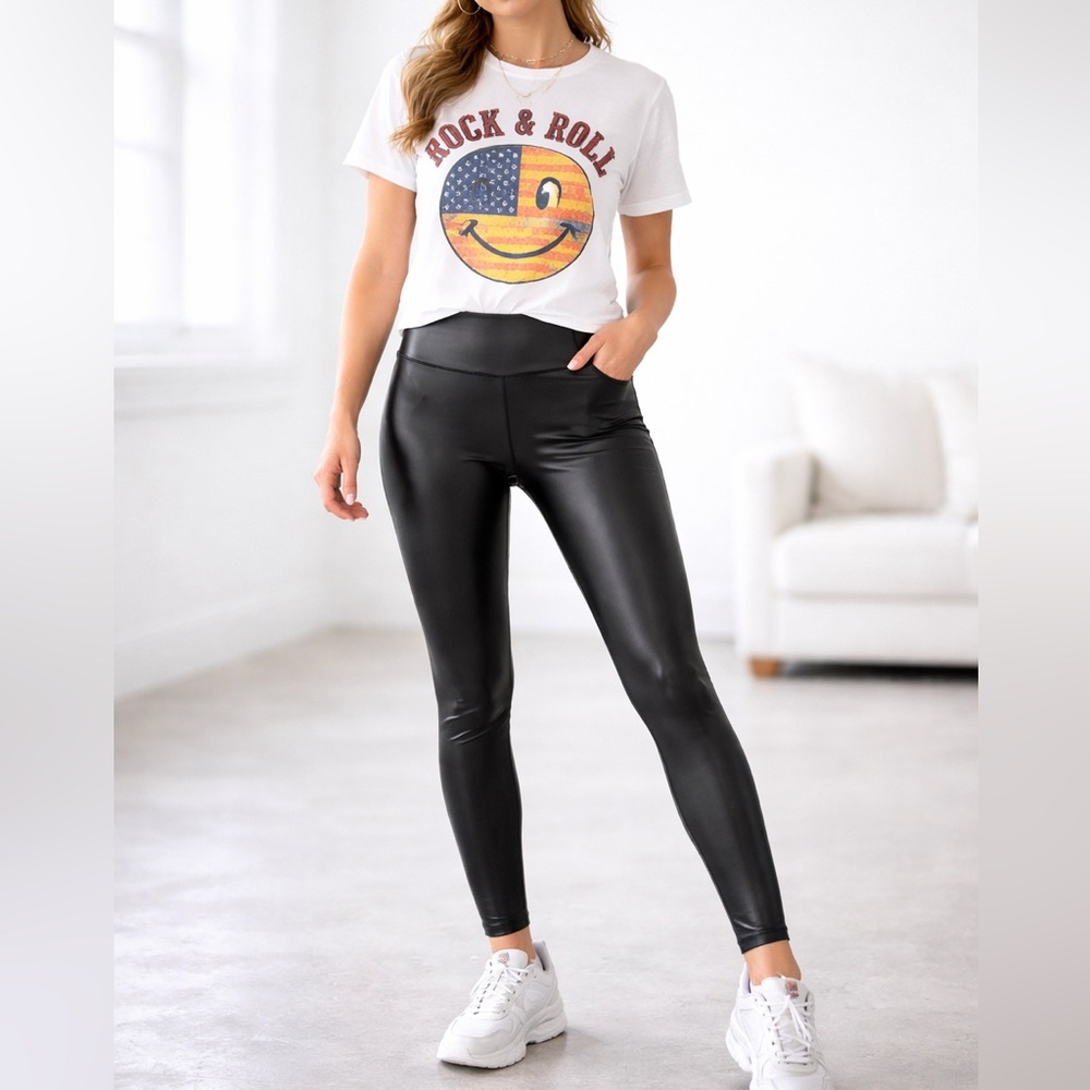 Black Faux Leather Leggings High‎ Waist Slim Stretch Athleisure Minimalist L